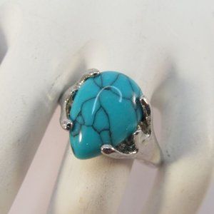 Womens Faux Turquoise Silvertone Ring Size 6.75